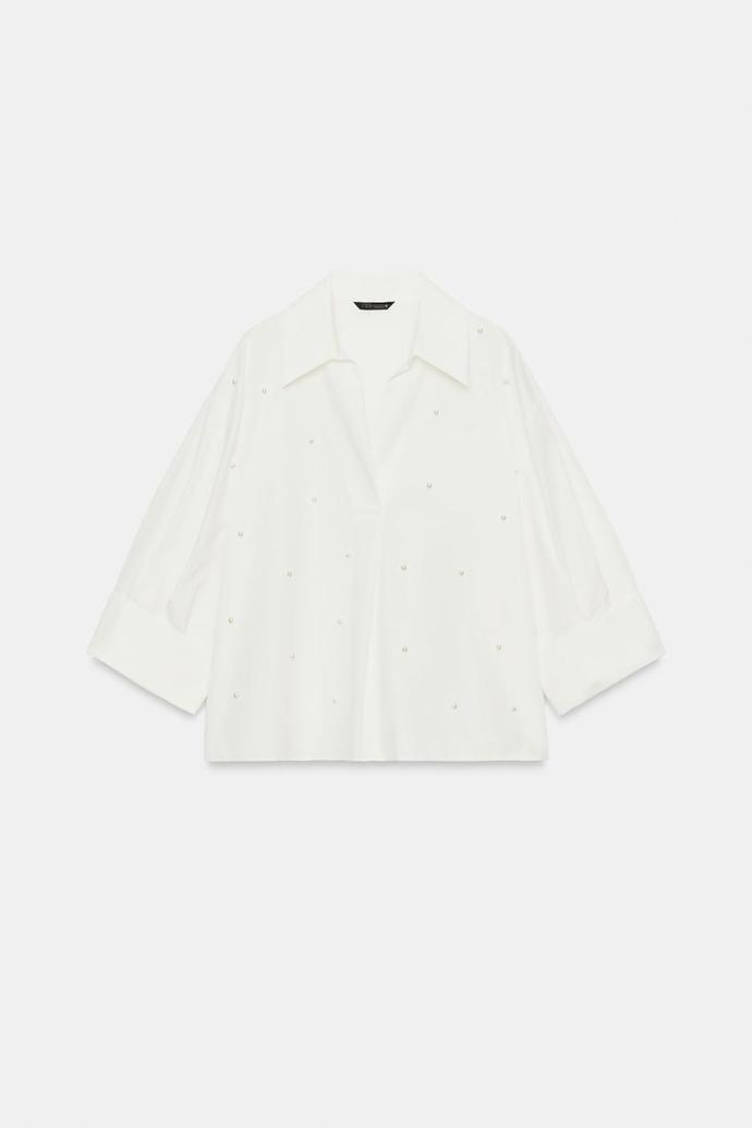 Popelínová košile s perlami, Zara, 799 Kč