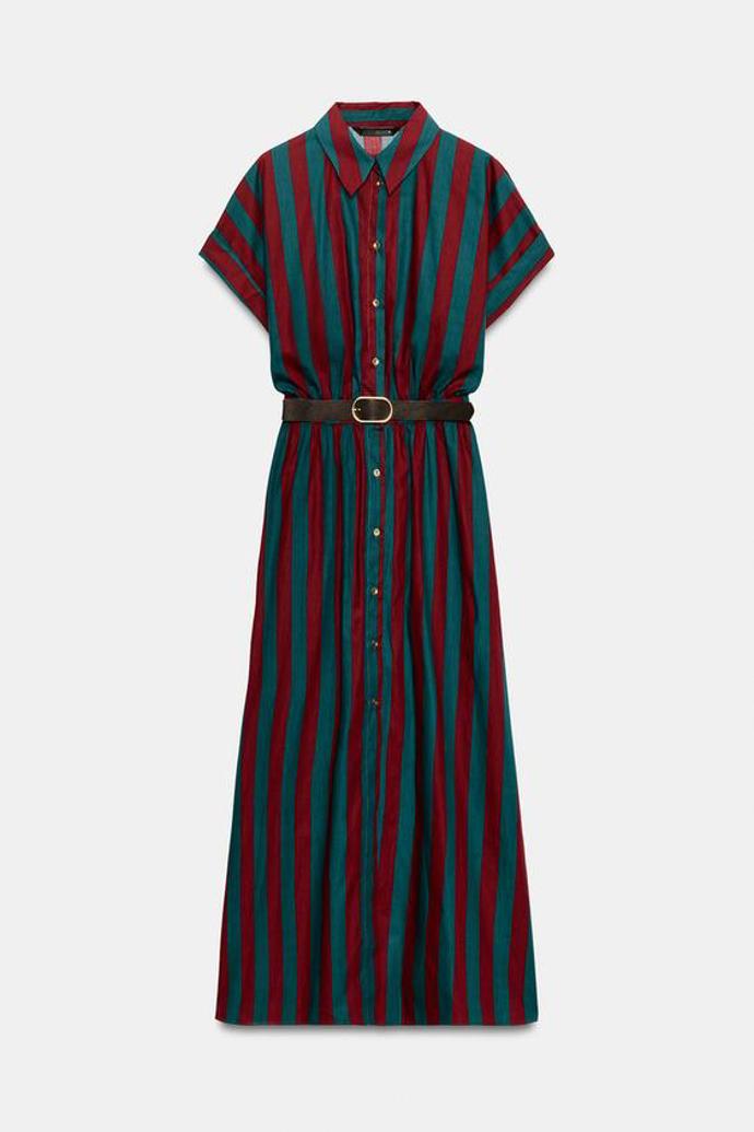 Pruhované košilové midi šaty s páskem, Zara, 1199 Kč