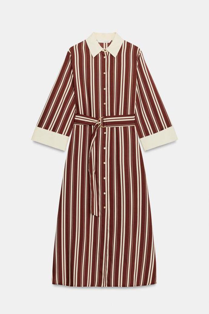 Pruhované košilové midi šaty s páskem, Zara, 1299 Kč