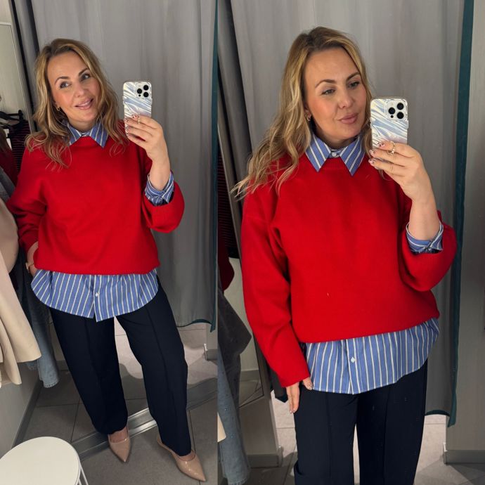 V H&M mi byly základem tmavě modré společenské kalhoty, jejichž cena po 20 % slevě z kuponku byla 599 Kč. Červený svetr, který by vám v šatníku letos neměl chybět, vyjde na 703 Kč a doporučuji vybrat o velikost menší, je opravdu oversize. 