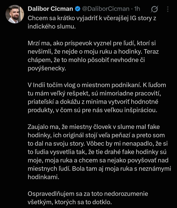 Dalibor Cicman se to následně snažil vysvětlit na sociálních sítích tím, že to prý nebyla jeho ruka.