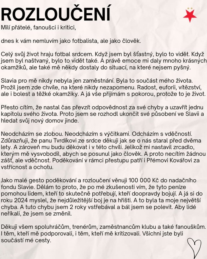David Douděra se loučí se Slavii.