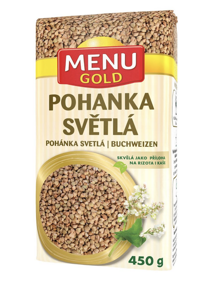 Pohanka světlá je přirozeně bezlepková pseudoobilovina s jemnou, oříškovou chutí. Světlá je proto, že se loupe mechanicky zastudena, díky čemuž si zachovává nejen svou přirozenou nazelenalou barvu, ale také vysoký obsah živin. Je bohatá na rutin, který je prospěšný pro cévy,
vlákninu, vitamíny E, B a minerály. 
Cena: 49,90 Kč
www.menugold.cz