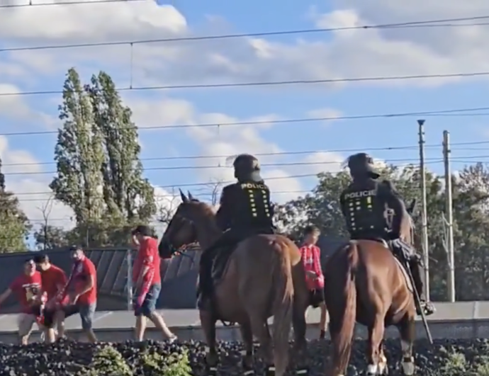 Napjatou situaci u kolejiště se snažila dostat pod kontrolu také jízdní policie.