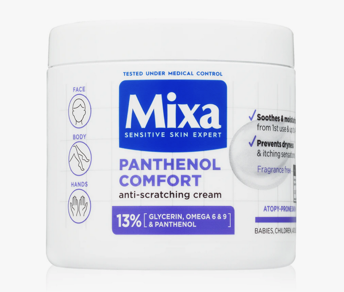 Regenerační tělový krém Mixa Panthenol Comfort je vyvinutý speciálně pro suchou, citlivou a atopickou pokožku. Díky obsahu panthenolu pomáhá zklidnit podráždění, redukovat začervenání a dodává pokožce dlouhodobou hydrataci. 250 Kč