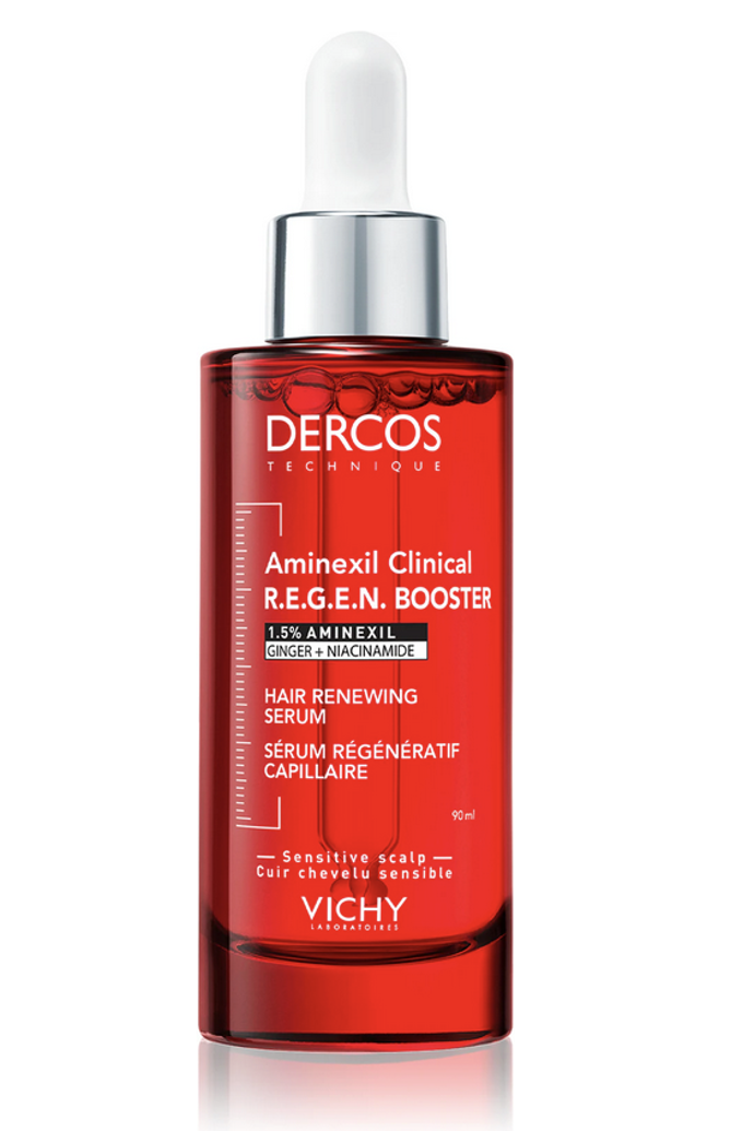Vlasové sérum proti padání vlasů Vichy Dercos Aminexil Clinical R.E.G.E.N. Booster je intenzivní péče navržená pro oslabené a jemné vlasy. Díky pokročilému složení s aminexilem, antioxidanty a kofeinem pomáhá stimulovat vlasovou pokožku, podporuje ukotvení vlasu a chrání jej před vnějšími vlivy. 1610 Kč