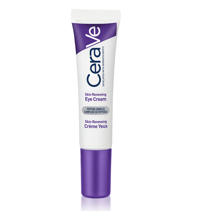Krém CeraVe Skin Renewing Eye Cream díky kombinaci peptidů, kyseliny hyaluronové, niacinamidu, kofeinu a ceramidů intenzivně hydratuje, zpevňuje a dodává pleti svěžest. Jemné linky a vrásky se postupně vyhlazují, váčky mizí a tmavé kruhy ztrácí na intenzitě.  440 Kč