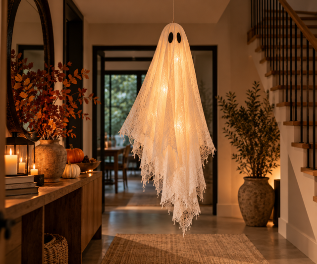 DIY: Nevyhazujte staré záclony. Vyrobíte z nich roztomilé halloweenské duchy, kteří mohou i svítit