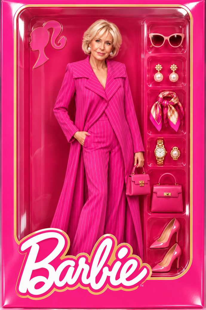 Herečka jako růžová panenka Barbie si zachovává rysy a také objemný blond účes. 