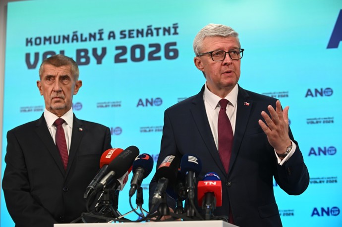 Andrej Babiš a Karel Havlíček na tiskové konferenci po sečtení hlasů v komunálních volbách.