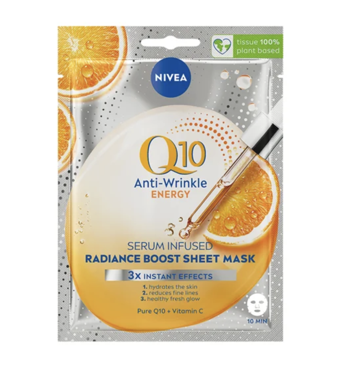 Nivea Q10 Anti-Wrinkle Energy textilní maska s vitamínem C a koenzymem Q10 intenzivně hydratuje, vyhlazuje a rozjasňuje mdlou pleť za 10 minut. 109 Kč