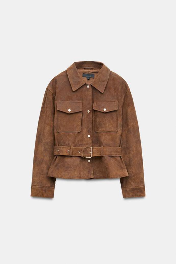 Kožená bunda s páskem, Zara, 4299 Kč