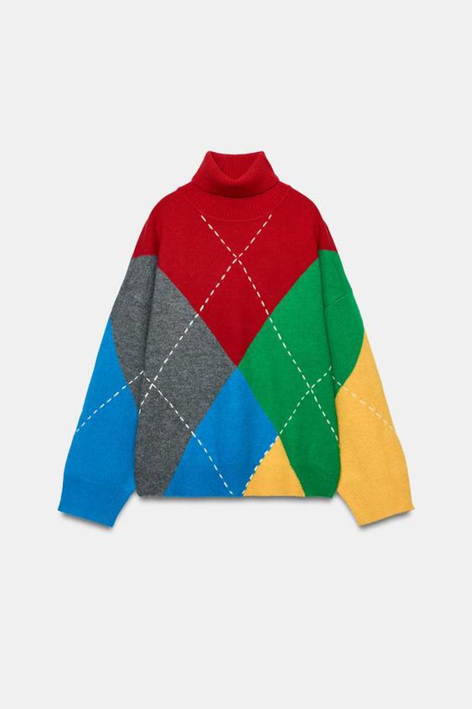 Úpletový svetr oversize s kosočtverci, Zara, 849 Kč
